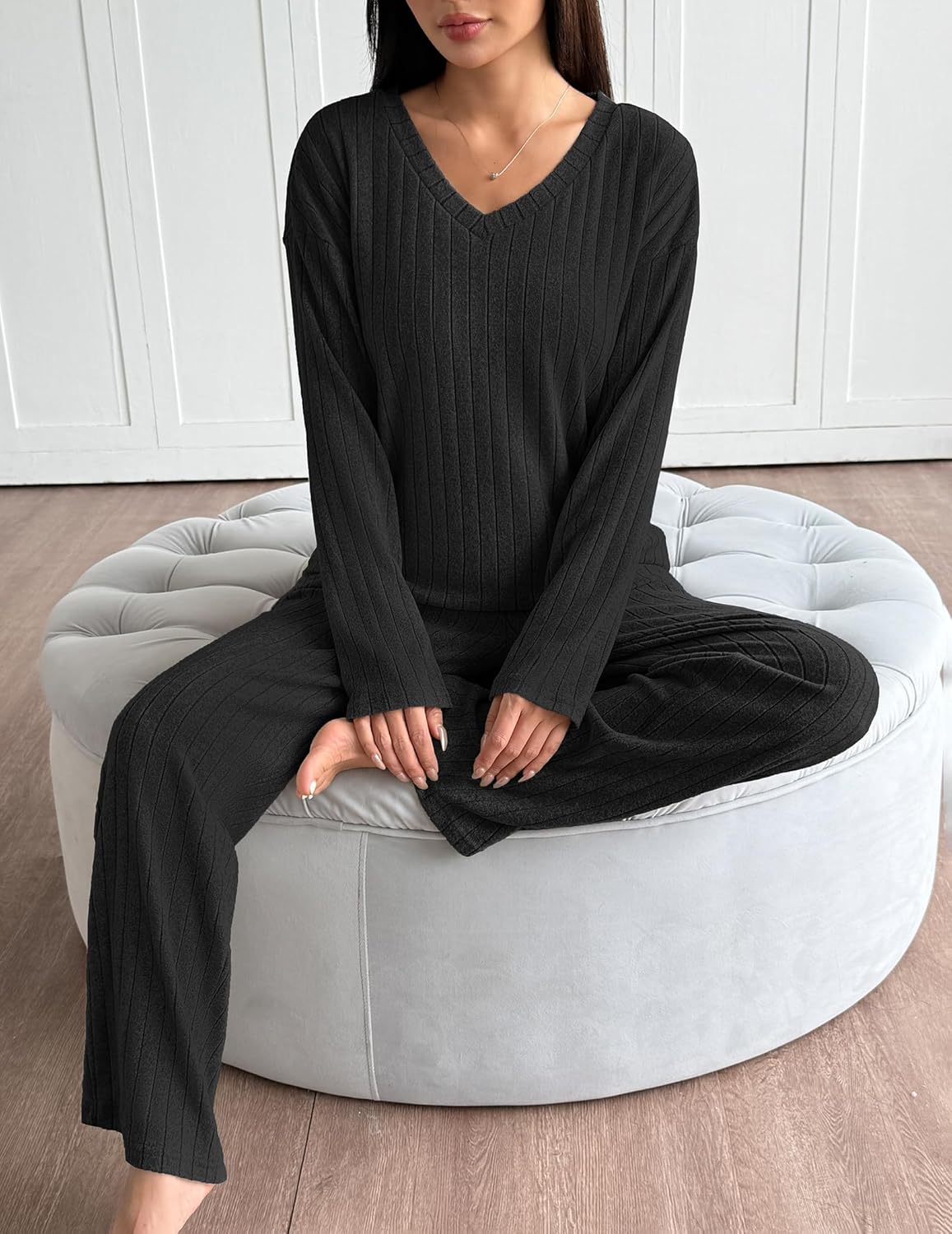 Black ribbed V-neck long-sleeve pajama lounge set with matching straight-leg pants
