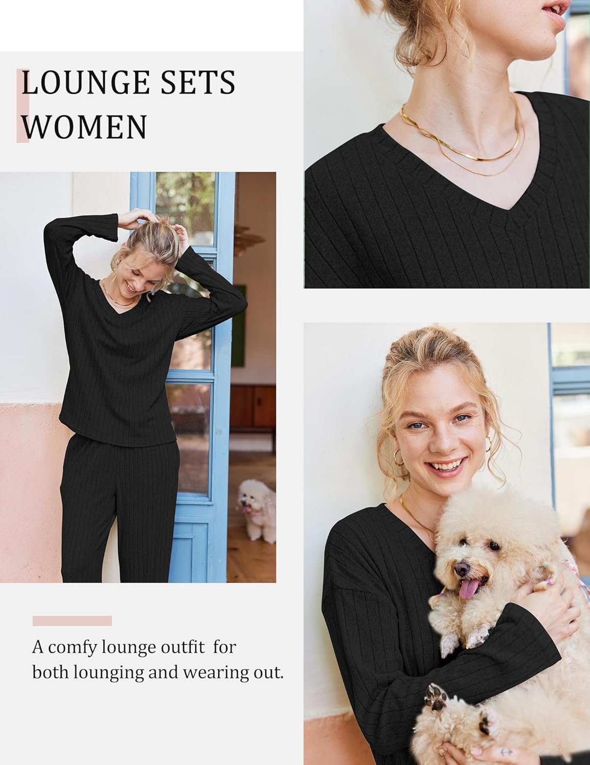 Black ribbed long-sleeve V-neck lounge set with matching pajama pants