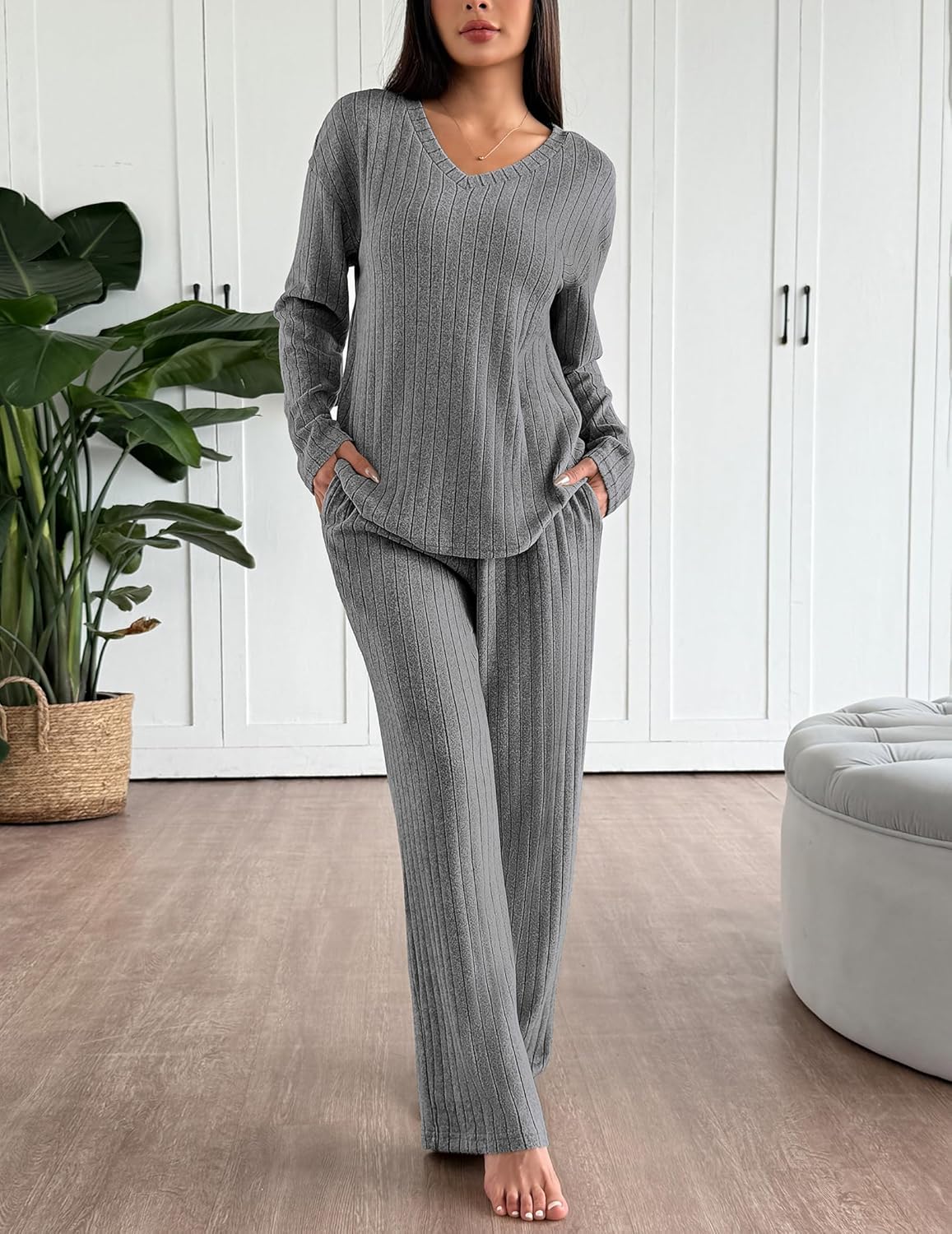 Light gray ribbed long-sleeve pajama lounge set with V-neck top and straight-leg pants