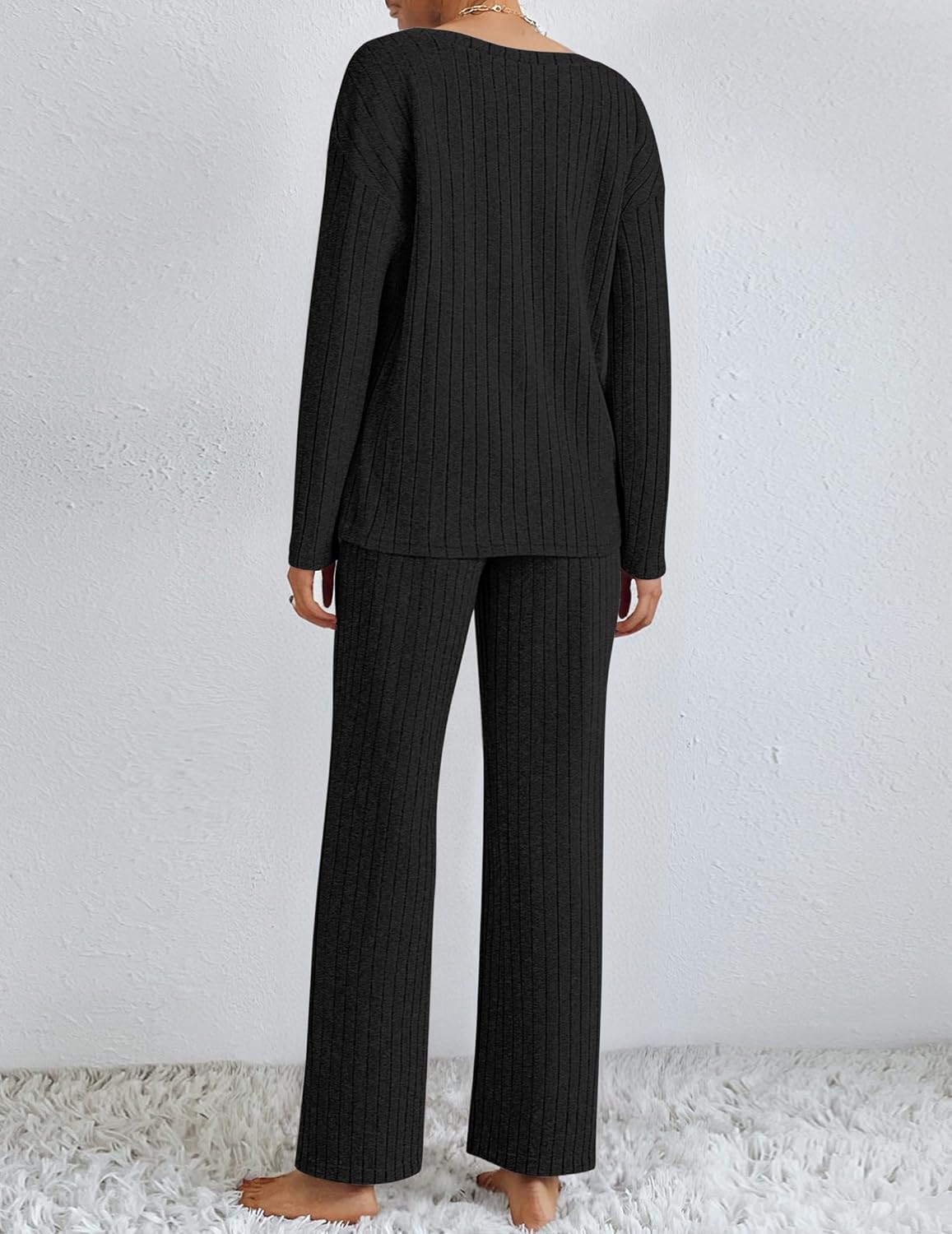 Black ribbed long-sleeve pajama lounge set with matching straight-leg pants, back view