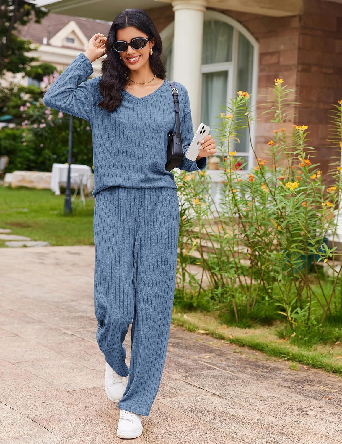 Blue ribbed knit pajama set with V-neck long-sleeve top and straight-leg pants
