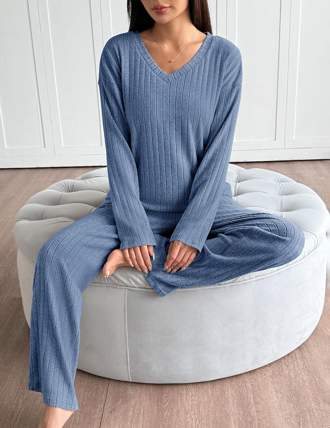 Blue ribbed knit pajama set with V-neck long-sleeve top and straight-leg pants