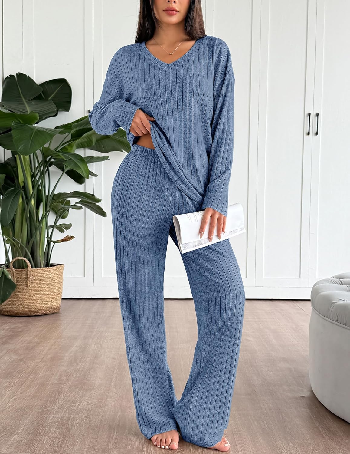 Blue ribbed knit pajama set, long-sleeve V-neck top with flared straight pants
