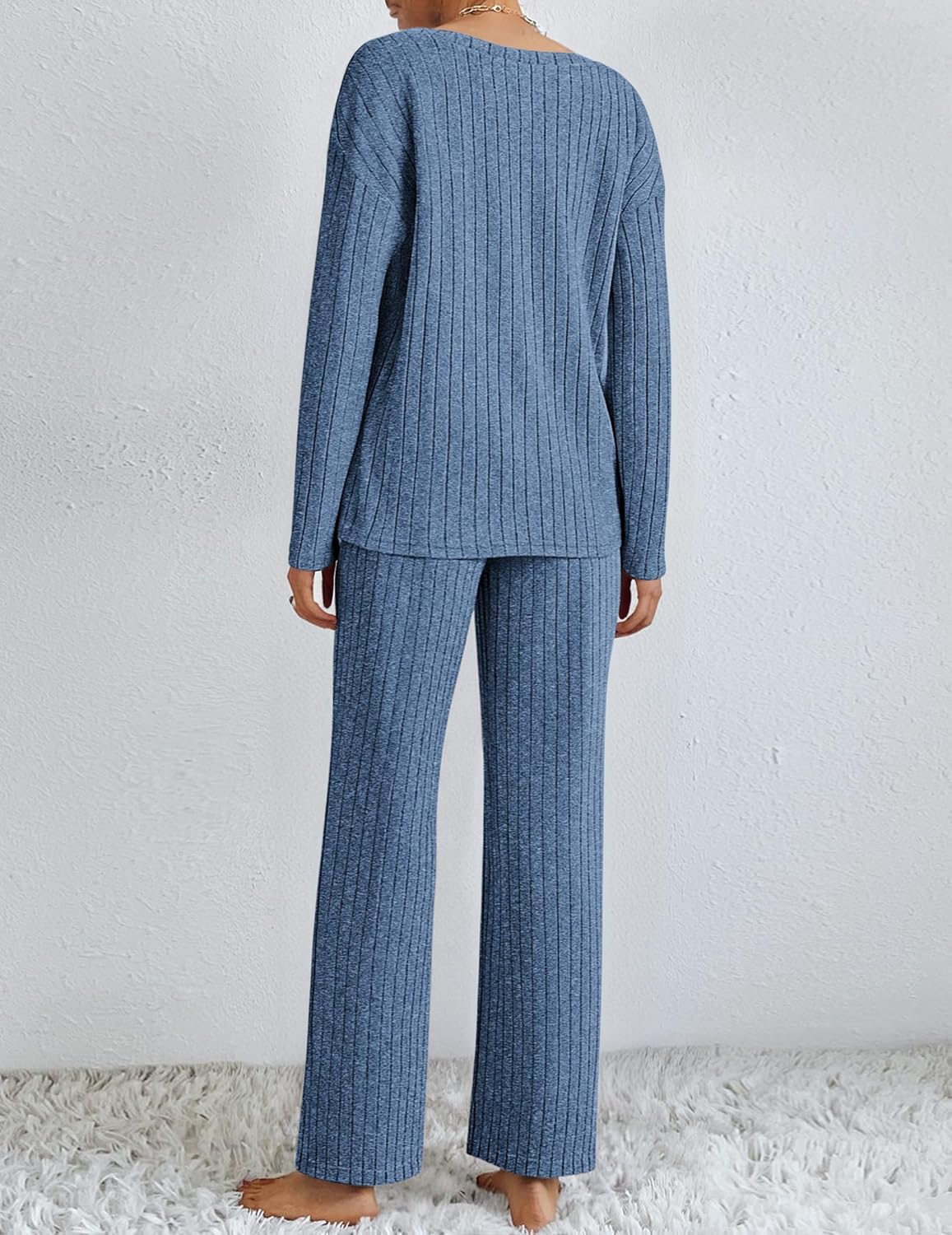 Blue ribbed knit long-sleeve pajama set with matching straight-leg lounge pants