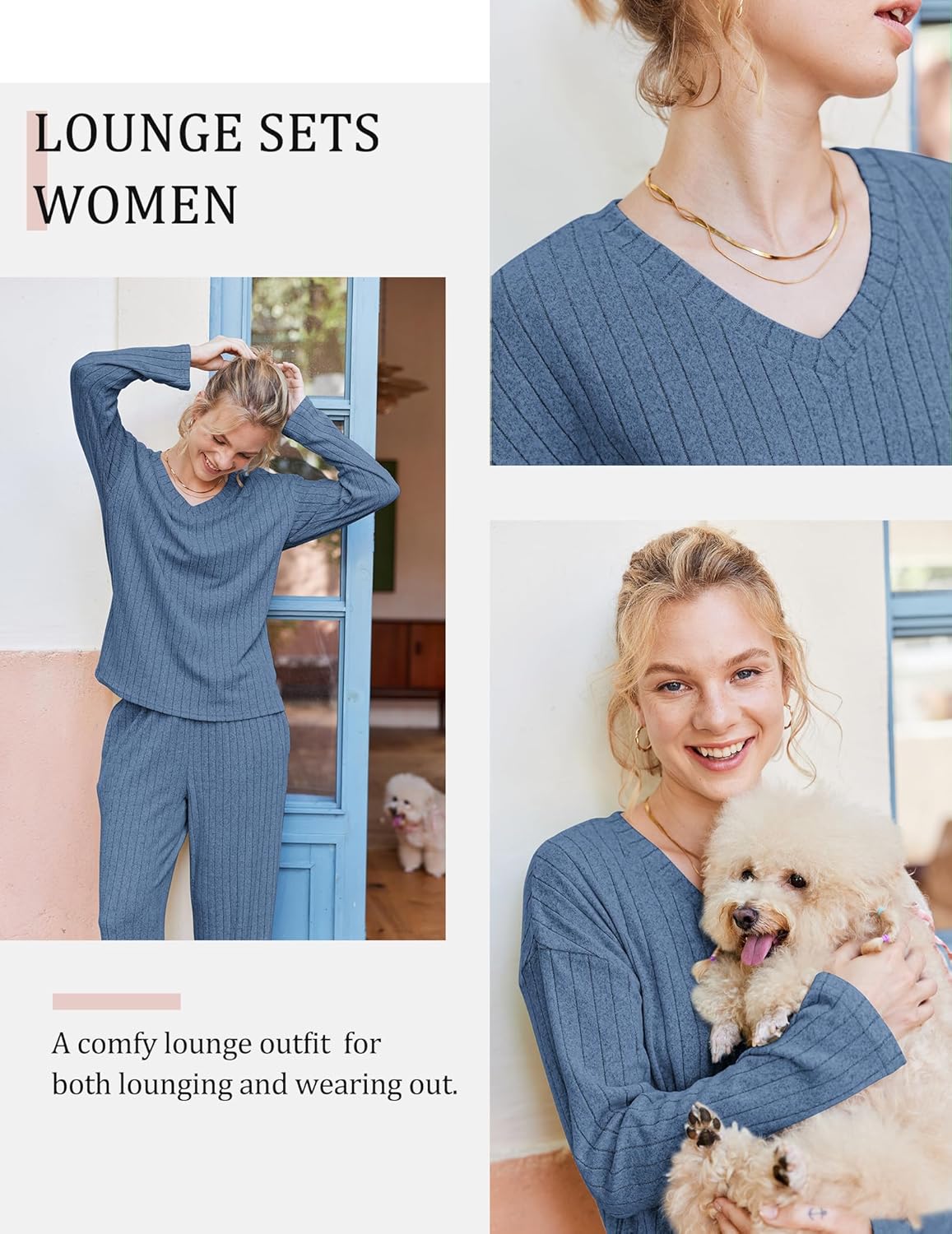 Blue ribbed knit V-neck long-sleeve pajama set close-up on the top and neckline