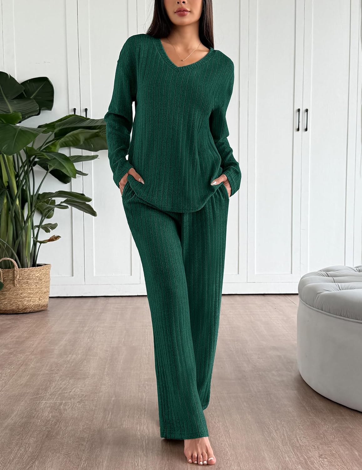 Green ribbed knit pajama set with V-neck long-sleeve top and straight-leg pants