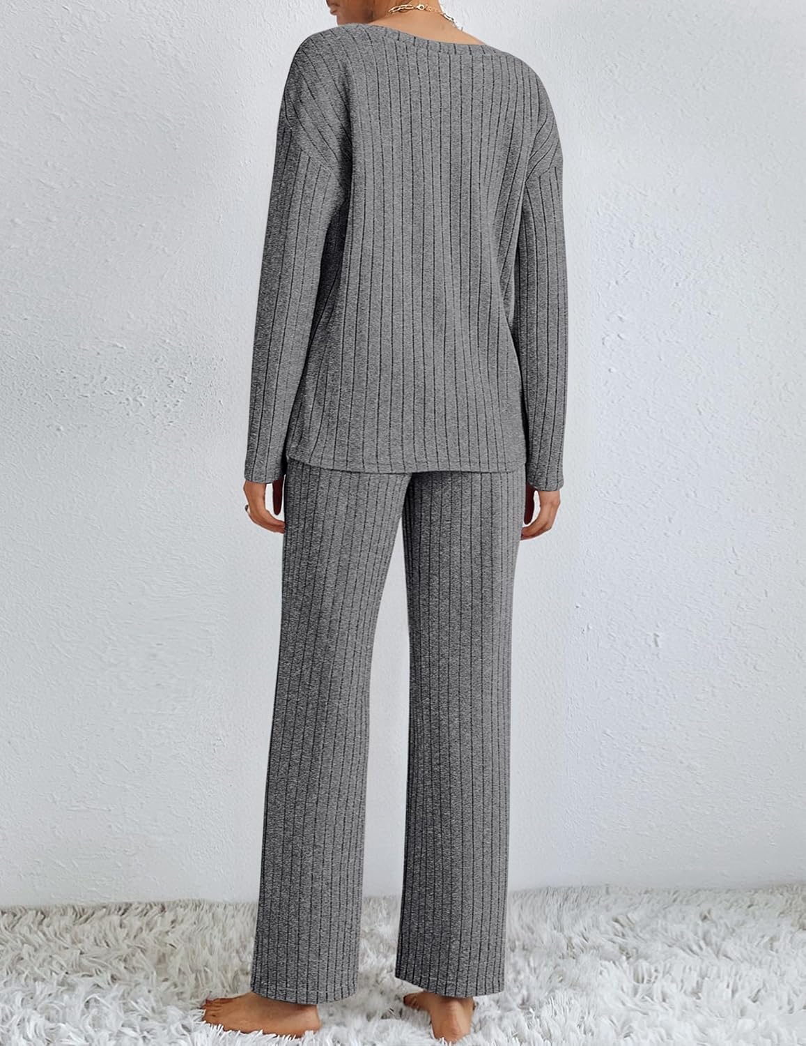 Light gray ribbed knit pajama set with long-sleeve V-neck top and matching pants (back)