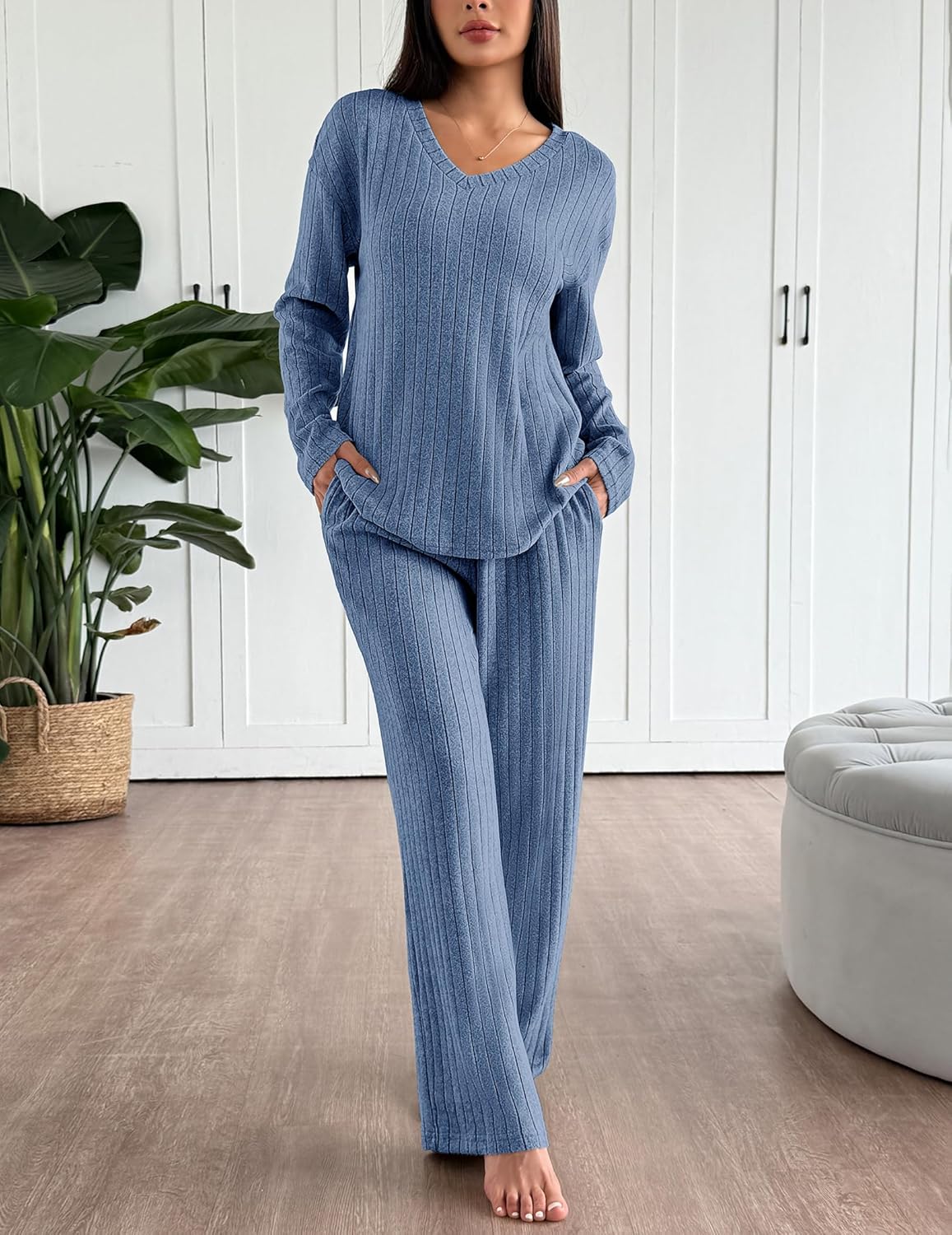 Blue ribbed knit long-sleeve pajama set with V-neck top and relaxed pants