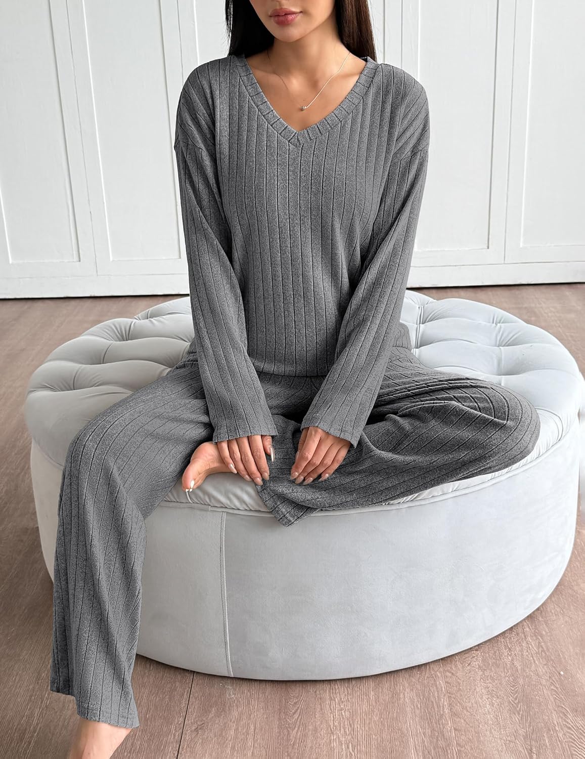 Medium gray ribbed V-neck long-sleeve pajama lounge set with matching straight-leg pants