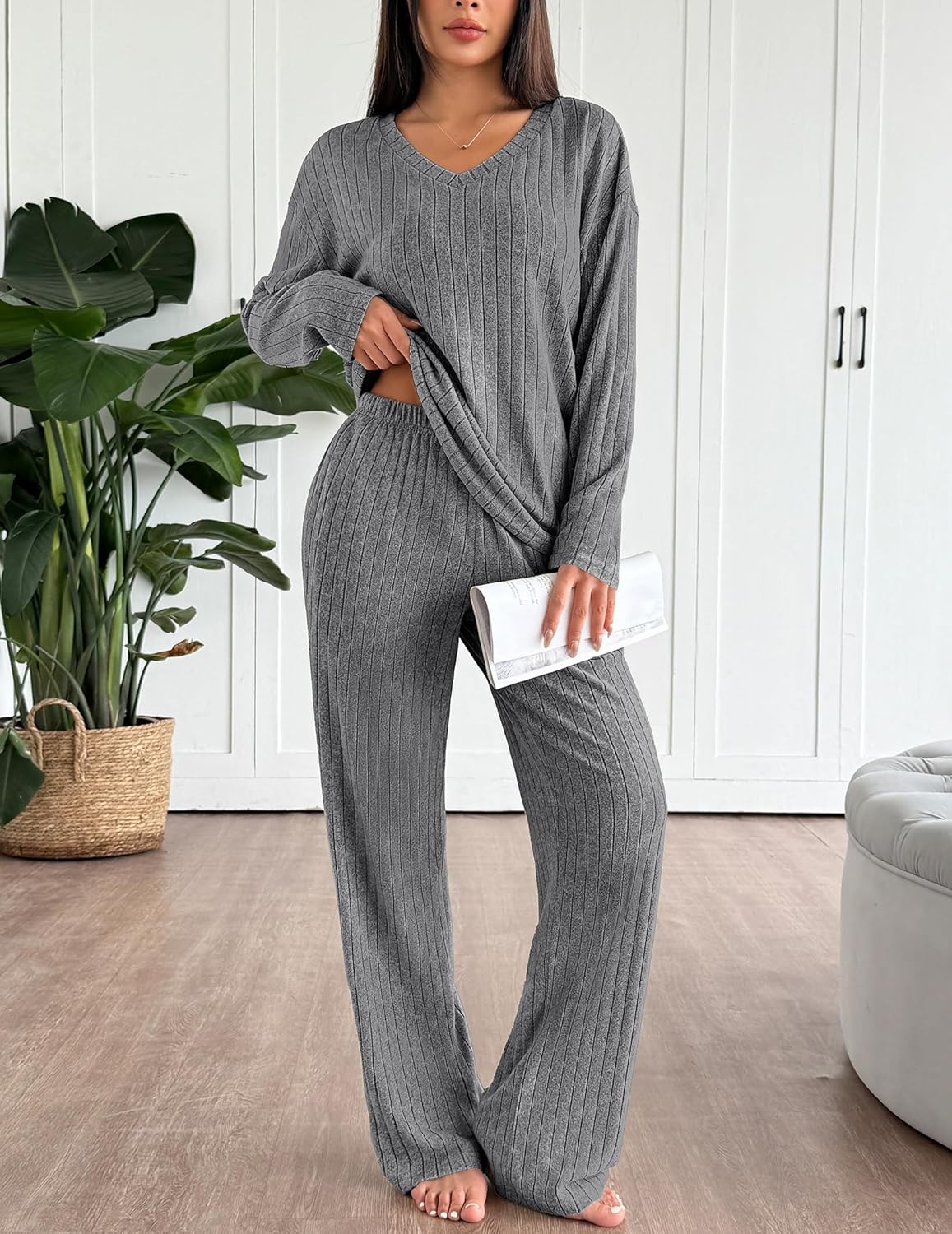 Light gray long-sleeve lounge pajama set, ribbed knit V-neck top and straight pants