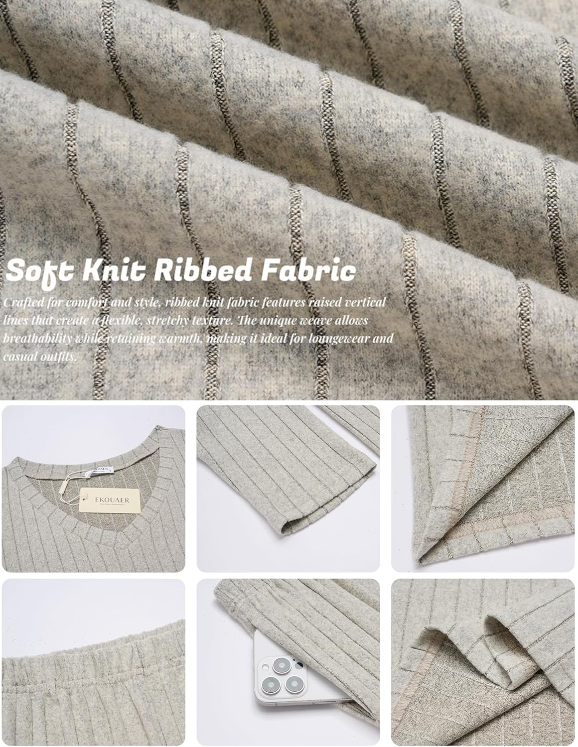 Light gray ribbed knit fabric with raised vertical texture, soft knit for lounge sets