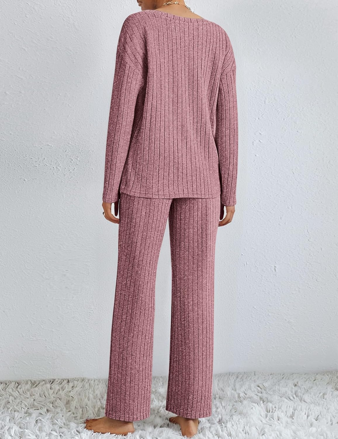 Back view of dusty rose ribbed knit pajama set, long sleeves and straight-leg pants