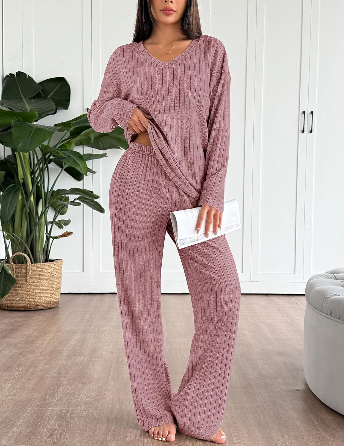 Dusty rose ribbed knit pajama set, V-neck long sleeve top with matching straight pants