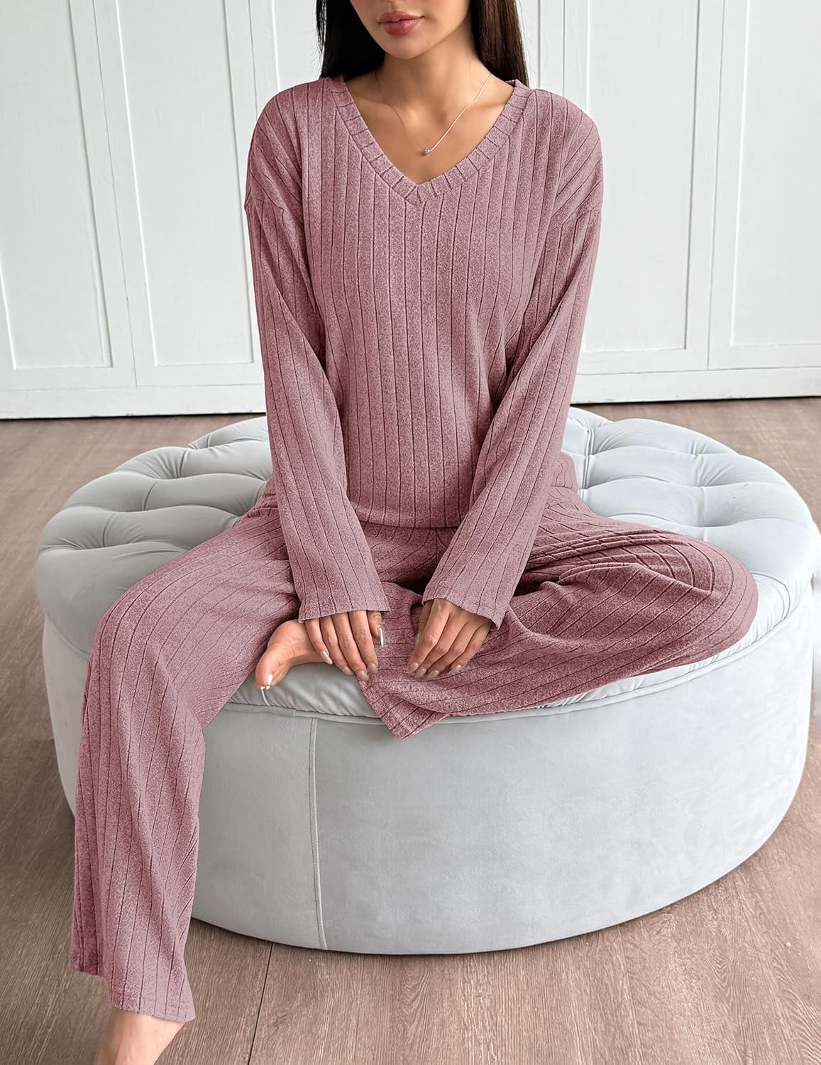 Dusty rose ribbed knit lounge set with V-neck long sleeves and relaxed straight-leg pants