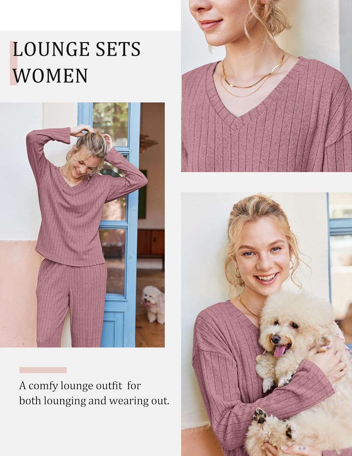 Dusty rose ribbed knit lounge pajama set, V-neck long-sleeve top with matching pants