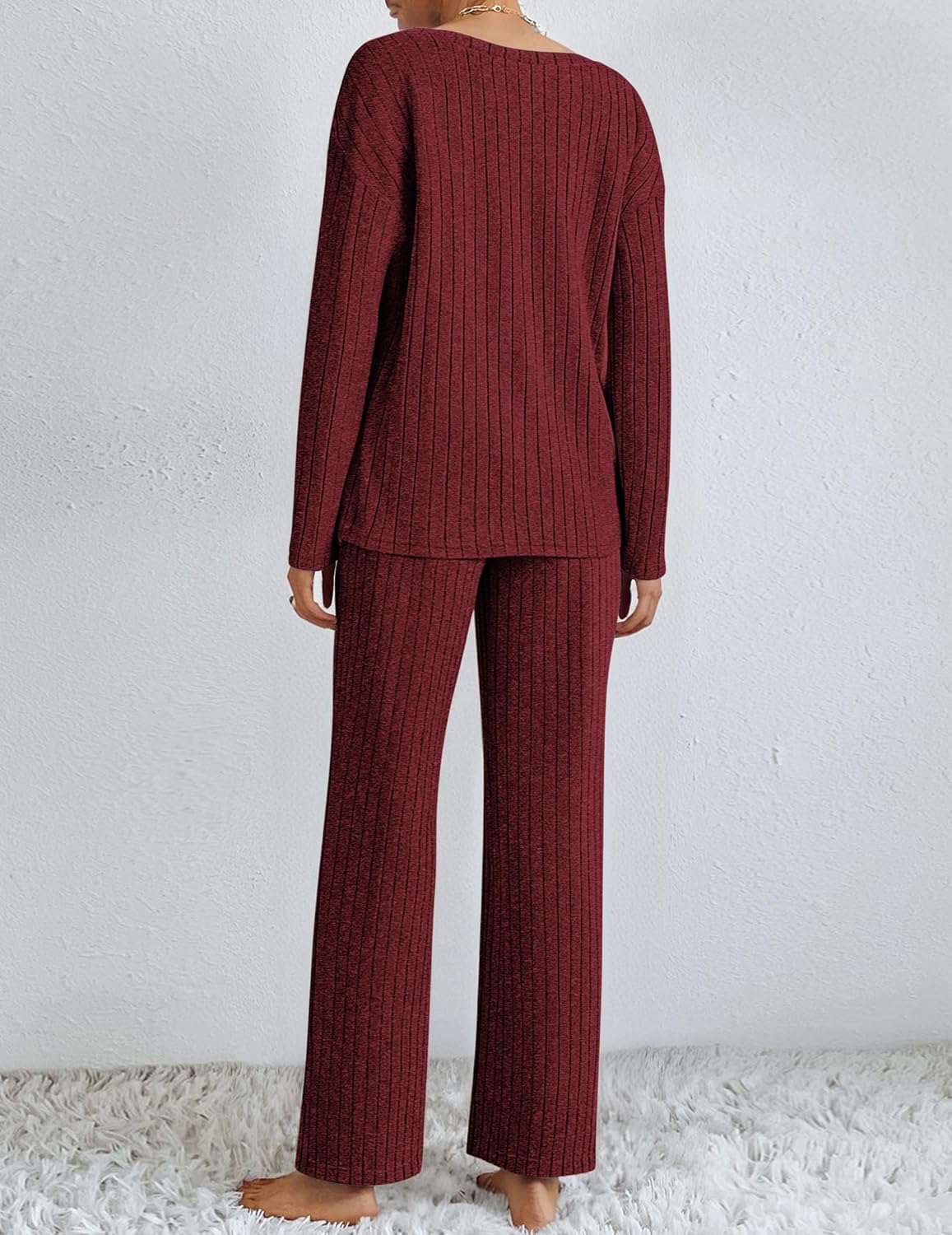 Wine red ribbed knit pajama lounge set with long sleeves and straight-leg pants (back view)