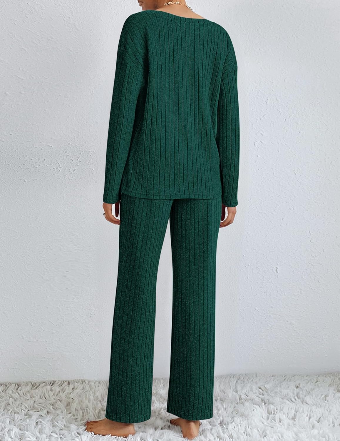 Back view of green ribbed knit pajama lounge set, long sleeves and straight-leg pants