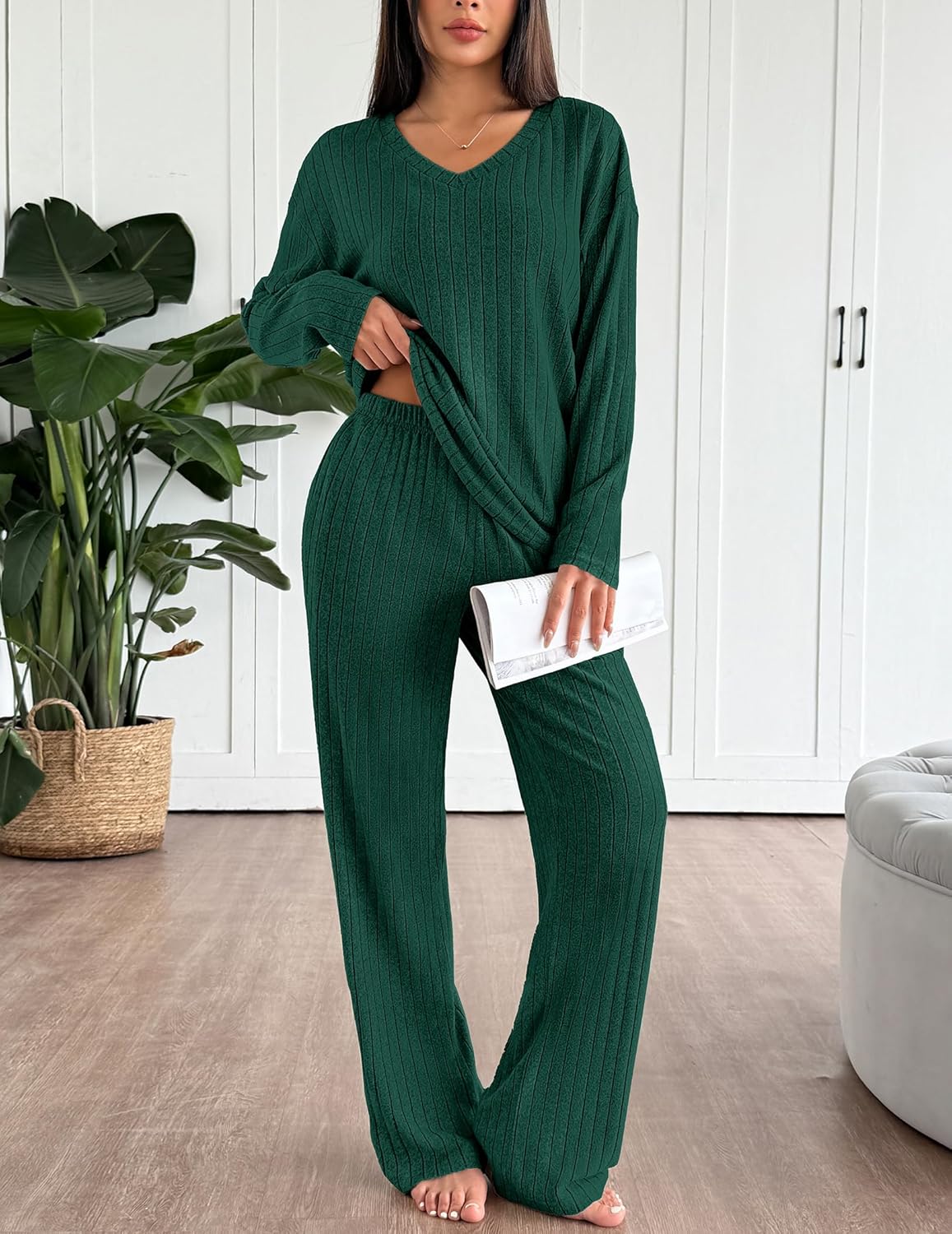 Dark green ribbed knit lounge pajama set with V-neck long-sleeve top and matching pants
