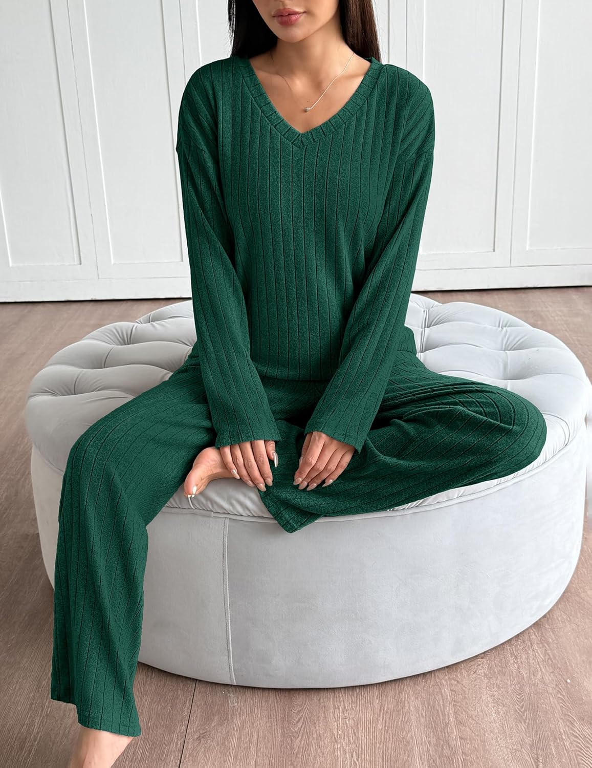 Green ribbed knit pajama lounge set with V-neck long sleeves and matching pants