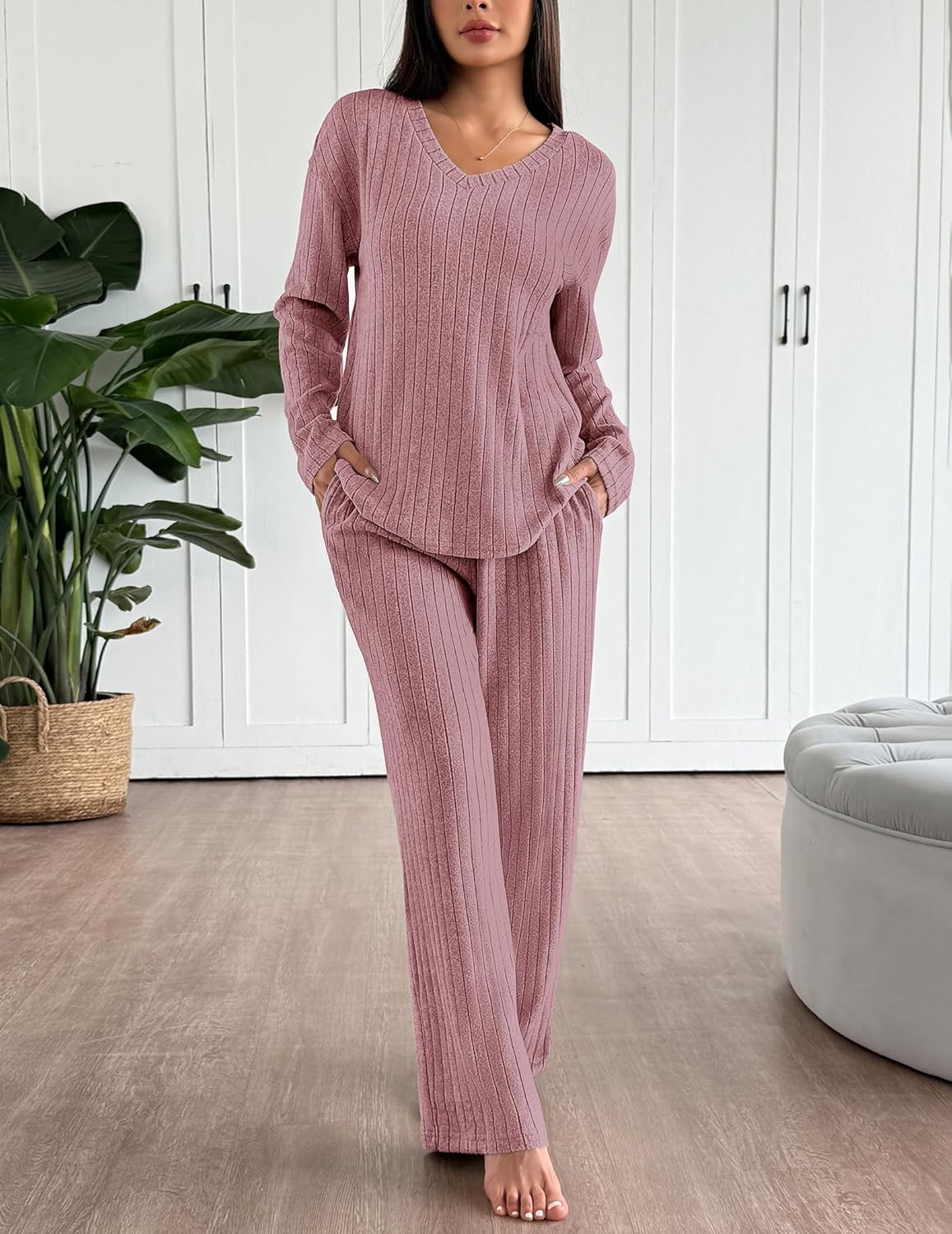 Dusty rose ribbed knit pajama lounge set with V-neck long-sleeve top and wide pants