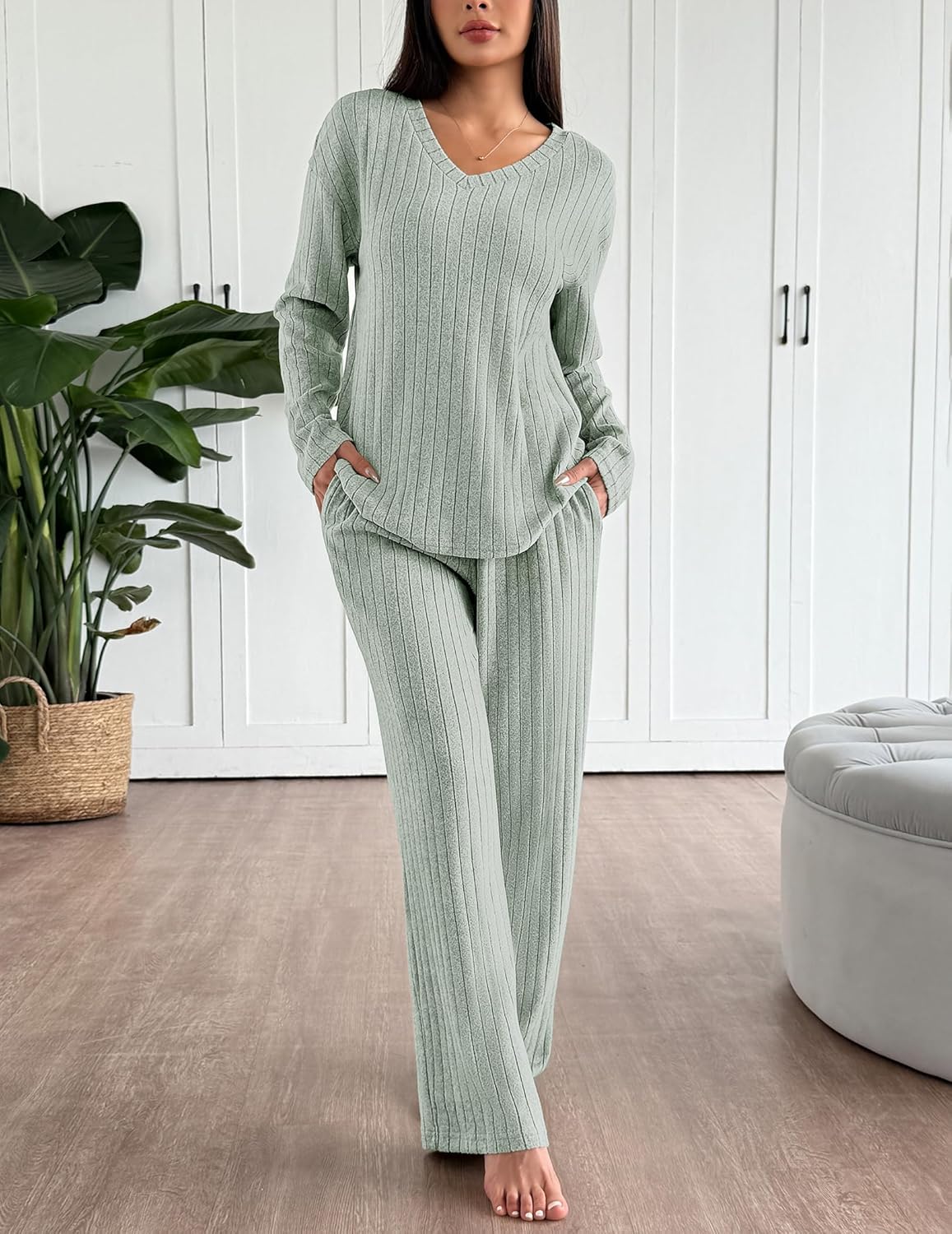 Light green ribbed knit long-sleeve pajama set with matching straight-leg pants
