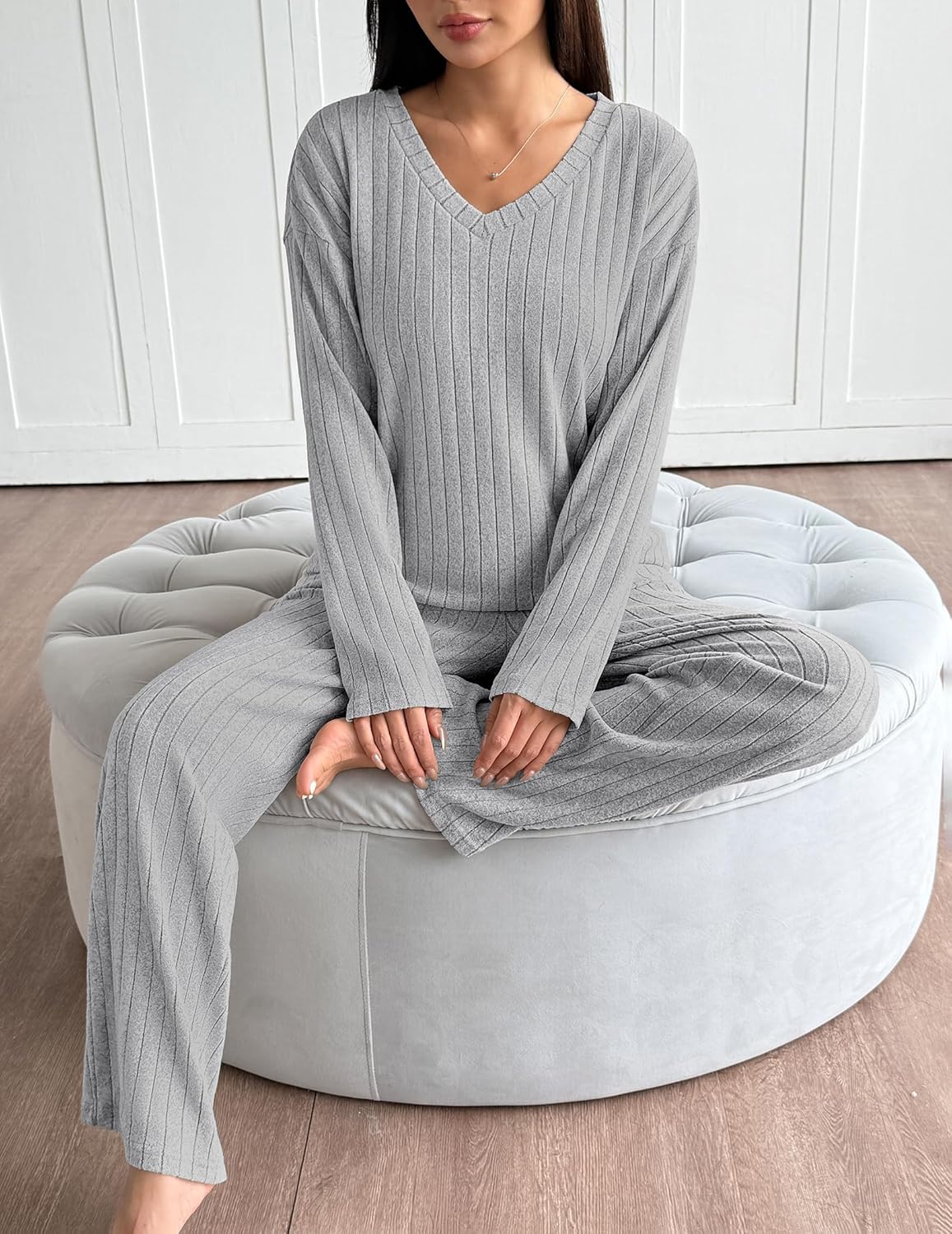 Gray ribbed knit lounge pajama set, long sleeves and matching straight-leg pants
