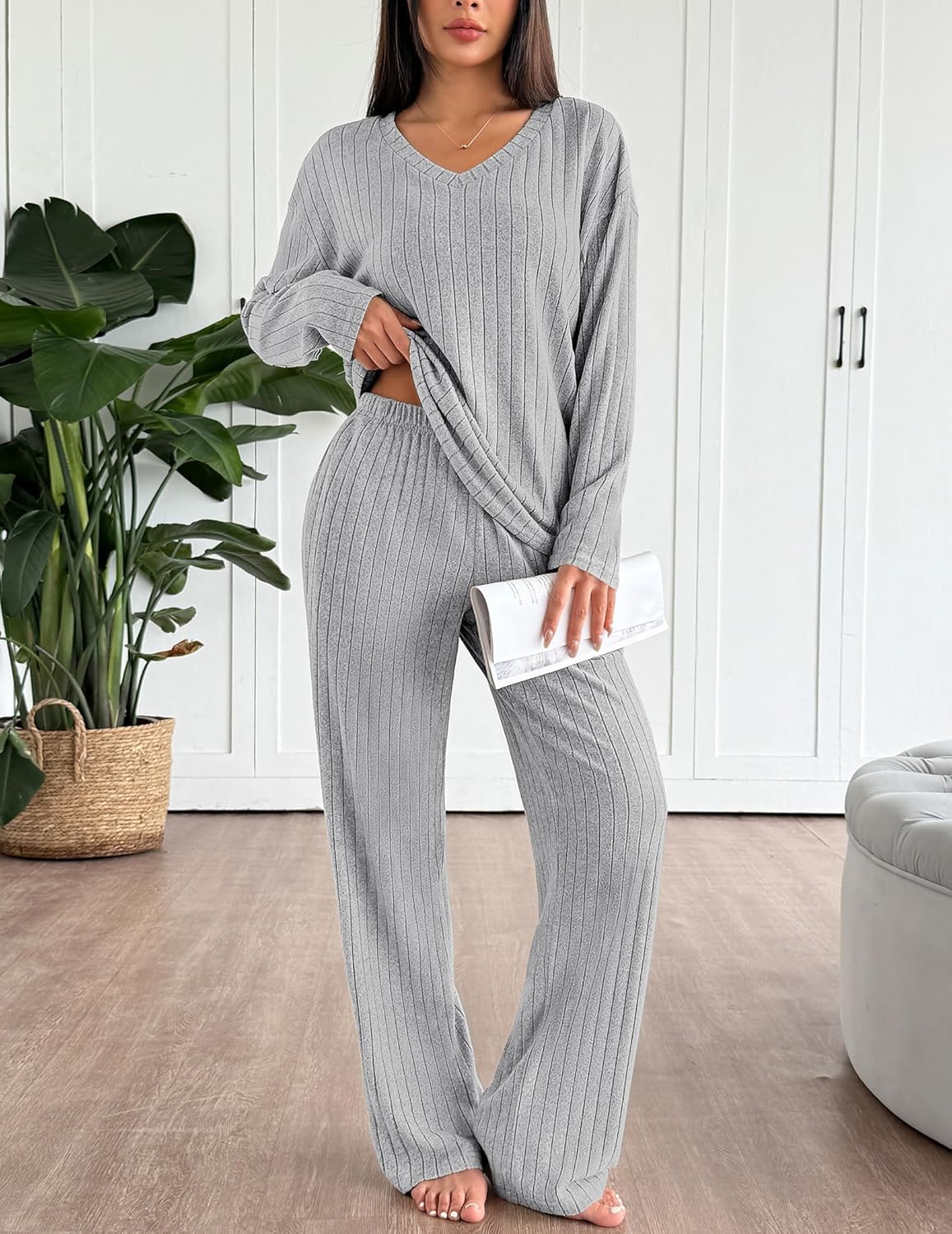 Dark gray ribbed knit lounge set: V-neck long-sleeve top with matching trousers