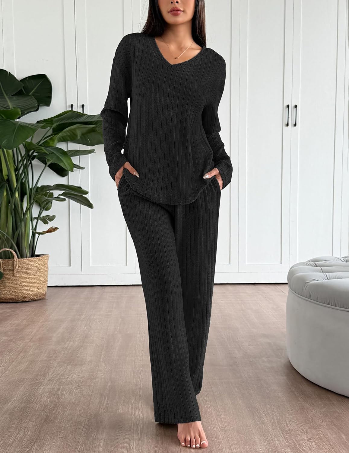 Black ribbed long-sleeve pajama lounge set with V-neck top and straight-leg pants