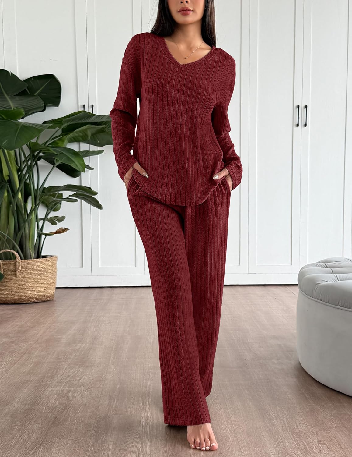 Red ribbed knit pajama set: long-sleeve V-neck top and matching straight-leg pants