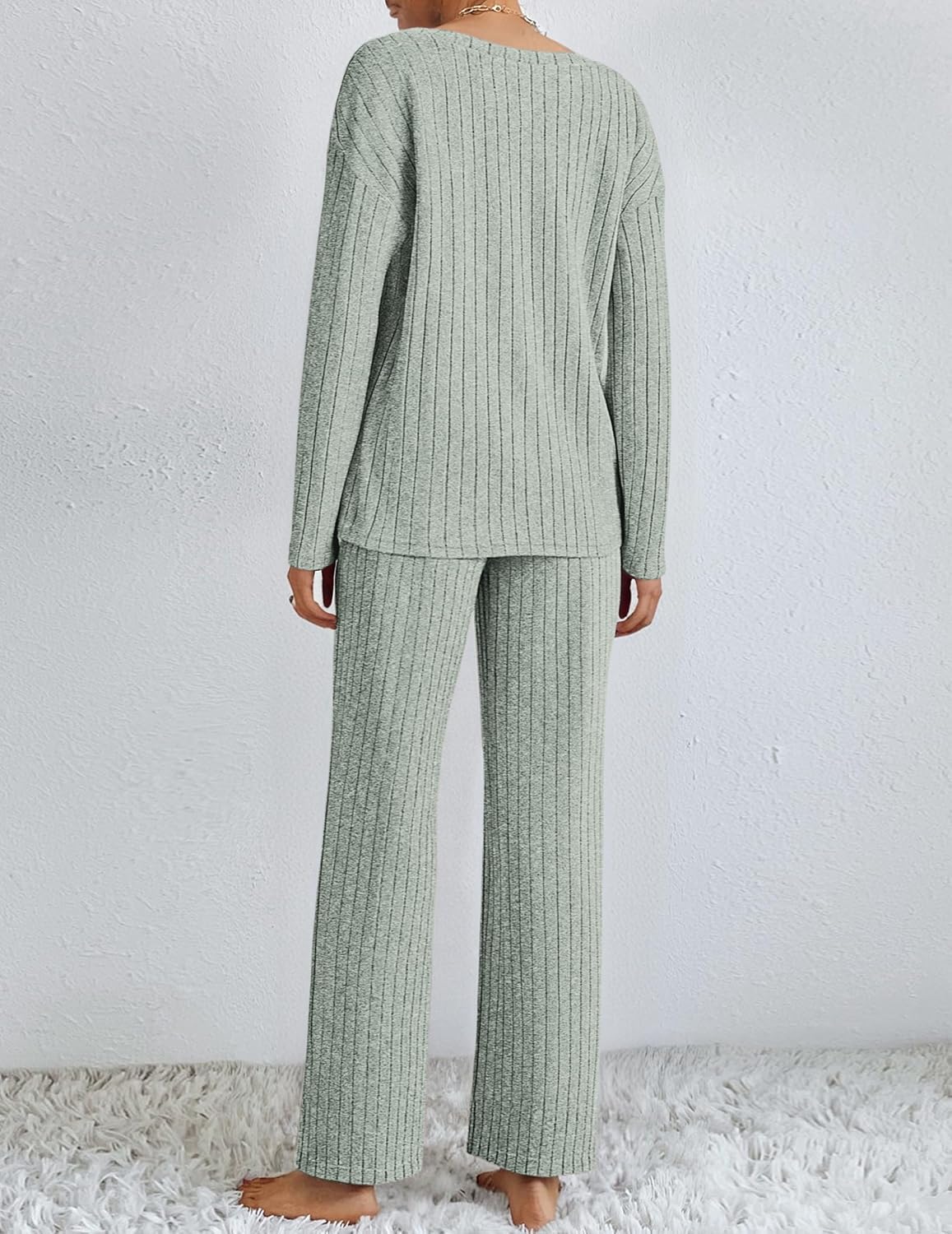 Light green ribbed long-sleeve pajama lounge set with matching straight-leg pants