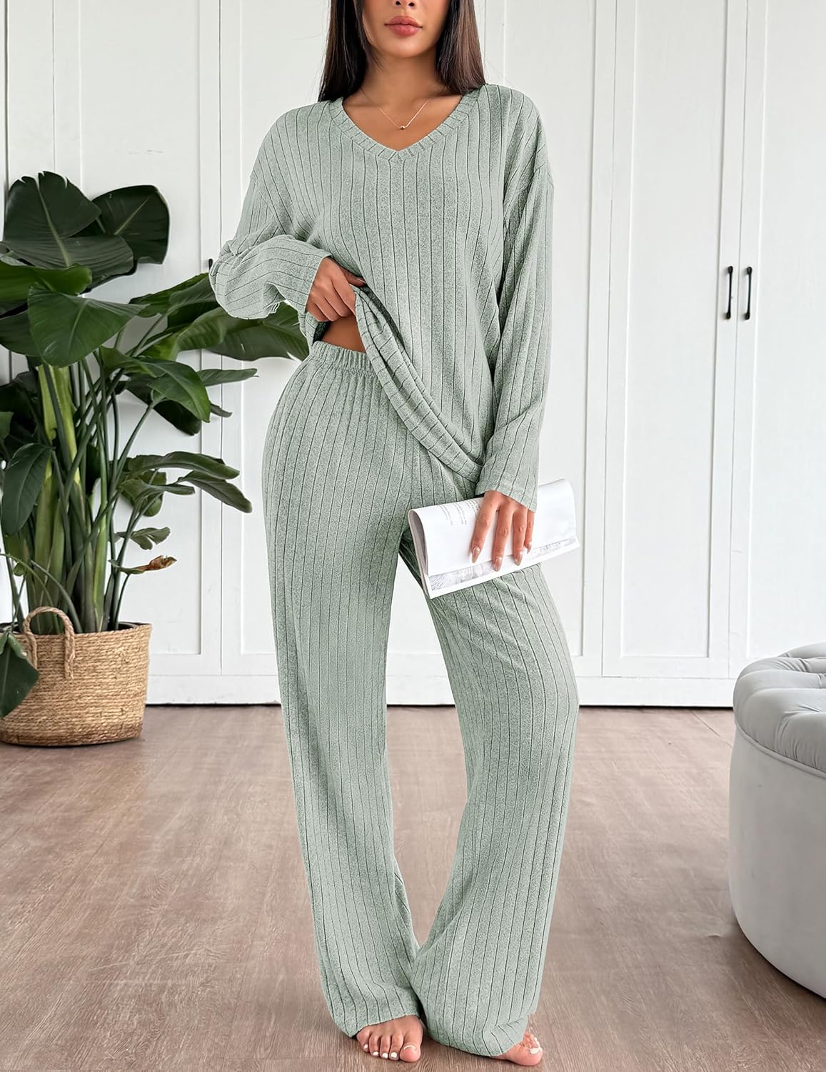 Light green ribbed knit lounge pajama set, V-neck top and straight-leg pants