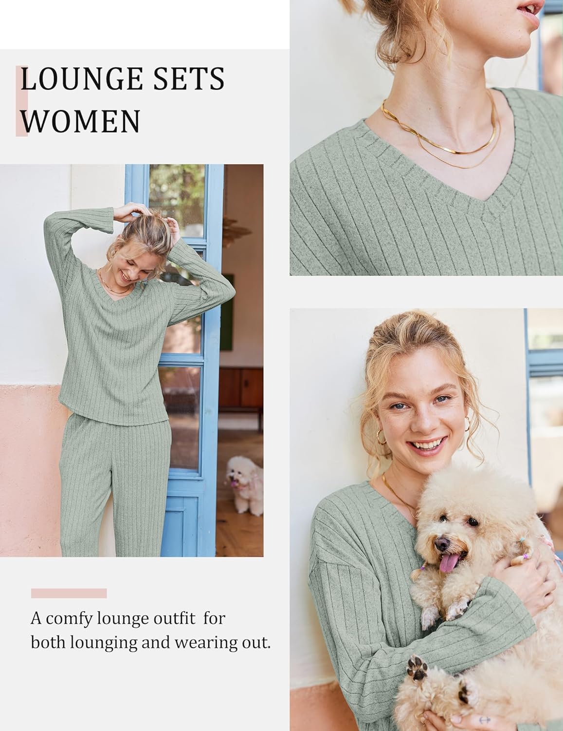 Light green ribbed knit V-neck long-sleeve pajama set, styled with matching pants