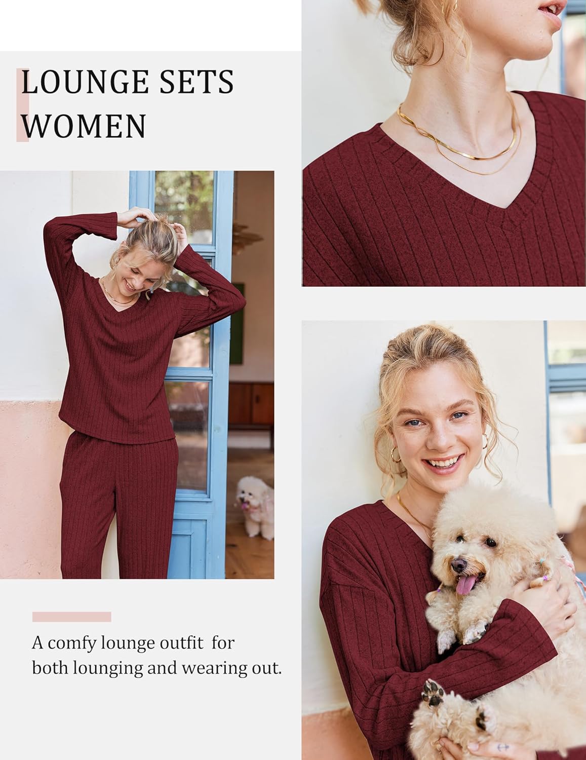 Red ribbed knit lounge set: long-sleeve V-neck top and matching pants worn