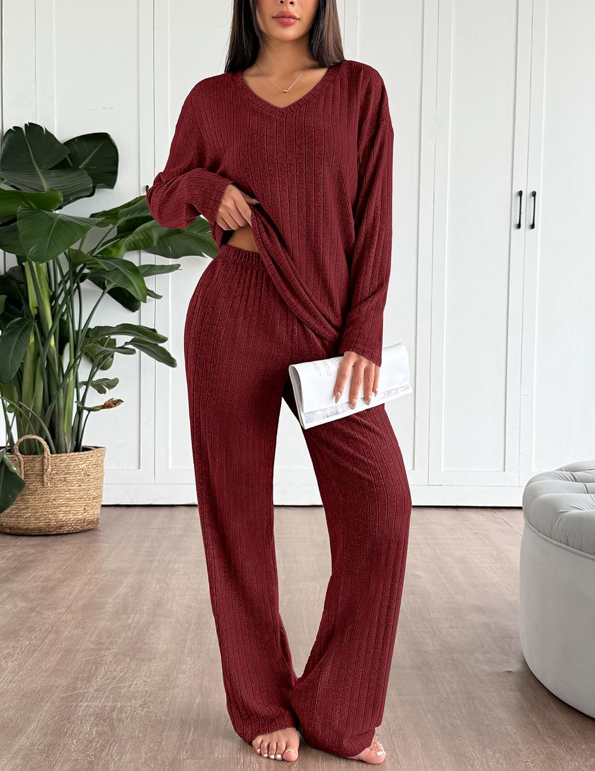 Burgundy ribbed long-sleeve pajama lounge set with V-neck top and straight-leg pants