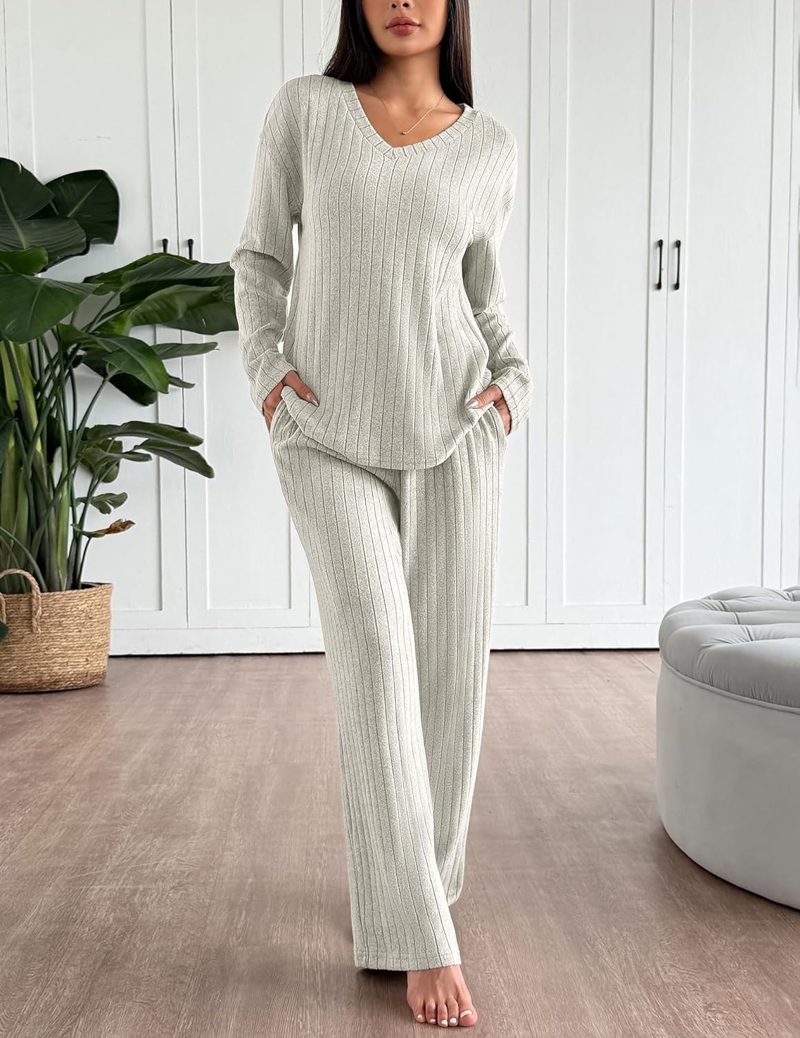 Light gray ribbed knit long-sleeve pajama set with matching straight-leg pants