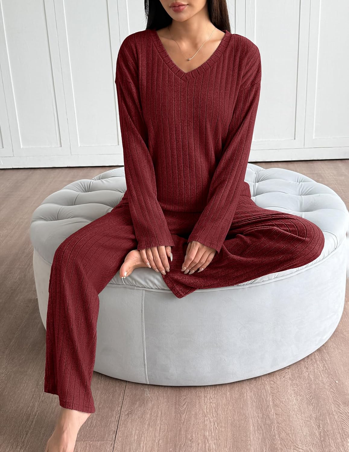Red ribbed knit lounge set: V-neck long-sleeve top with matching pants