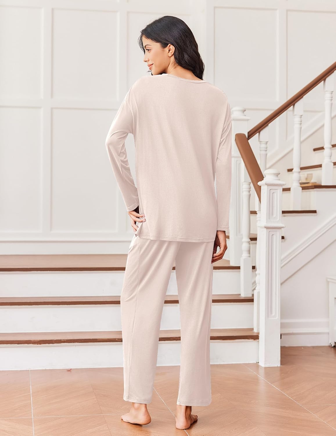 Back view: long-sleeve lounge top and matching pants, light beige