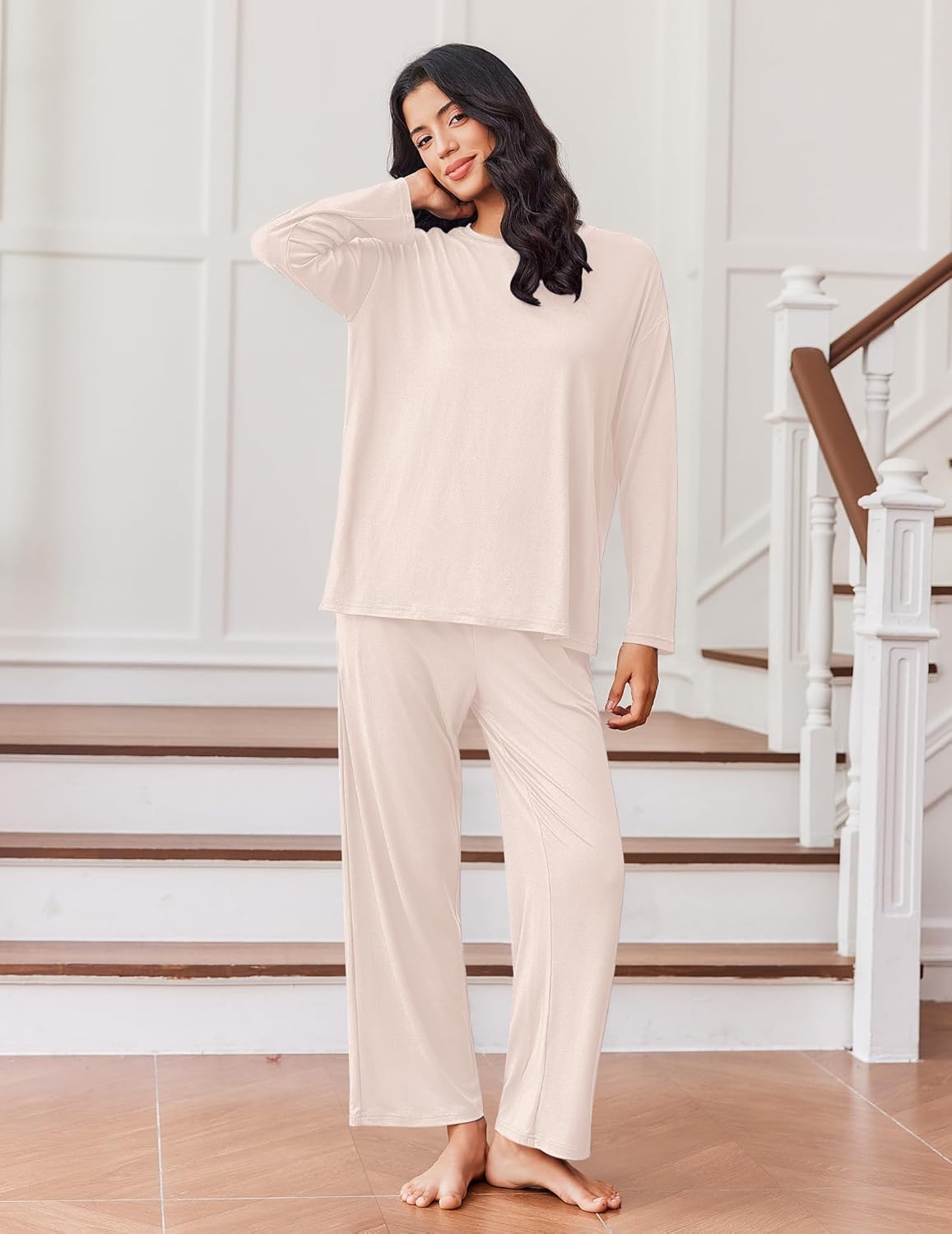 Lounge set with long-sleeve top and matching pants, light beige