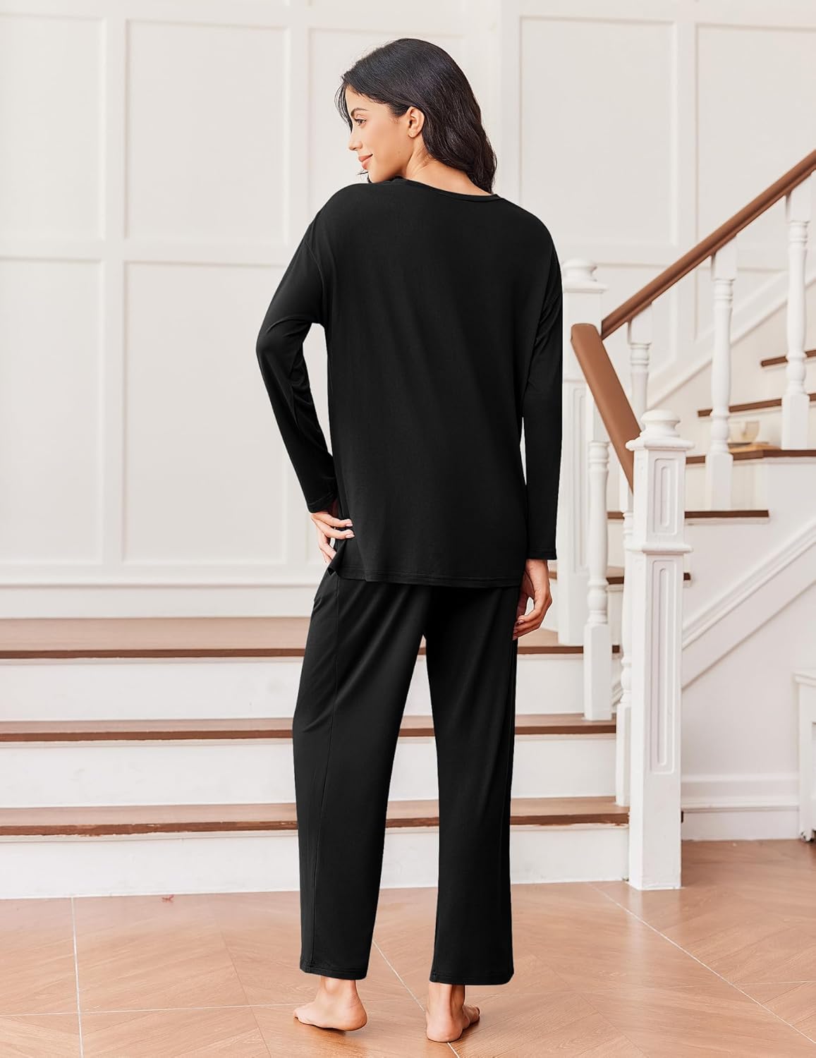 Back view: long-sleeve lounge top and matching pants, black
