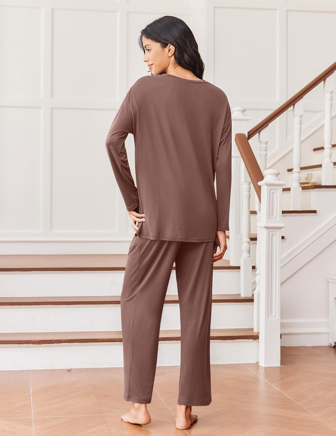 Back view of lounge set: long-sleeve top and matching pants, brown