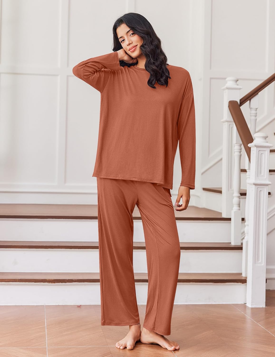 Lounge pajama set with long-sleeve top and wide-leg pants in camel