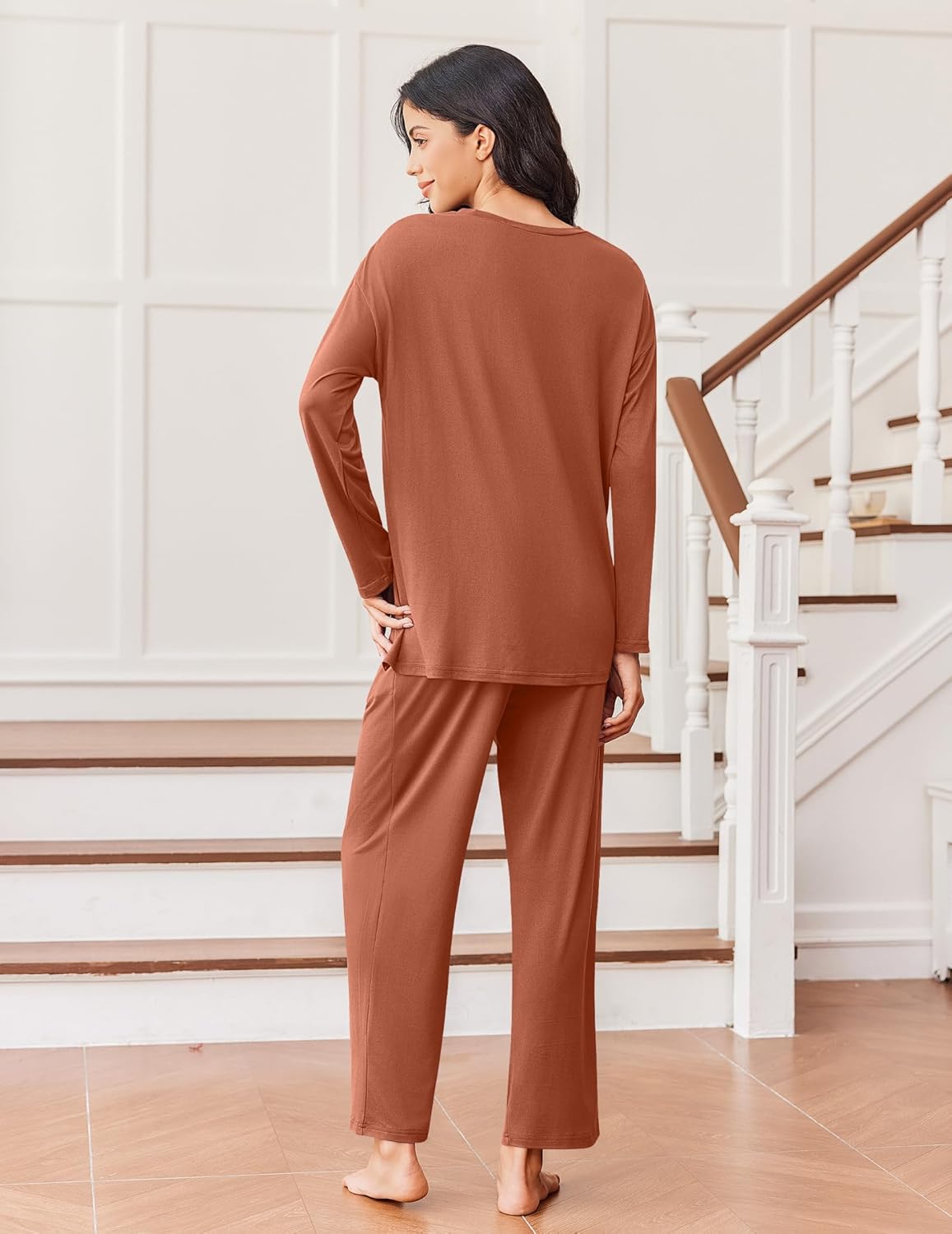 Lounge pajama set back view: long-sleeve top and wide-leg pants in camel