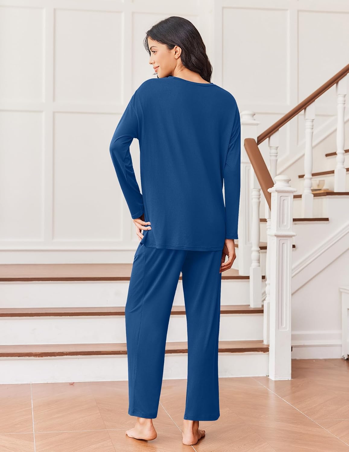 Back view of lounge set: long-sleeve top with matching pants, deep blue
