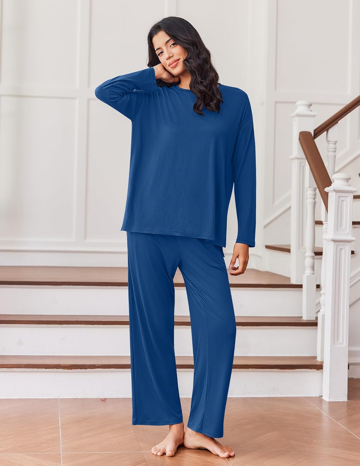 Lounge set with long-sleeve top and matching pants, deep blue