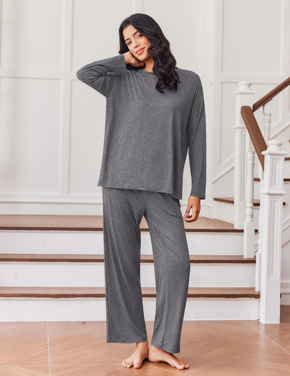 Lounge pajama set with long-sleeve top and wide-leg pants in dark gray