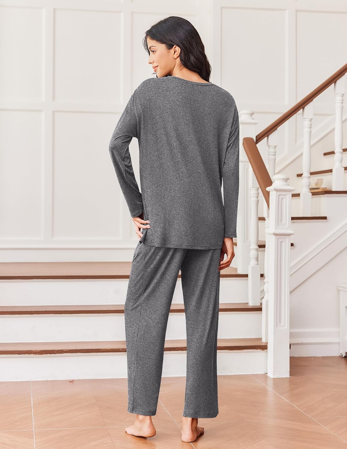 Lounge pajama set back view in dark gray: long-sleeve top and wide-leg pants