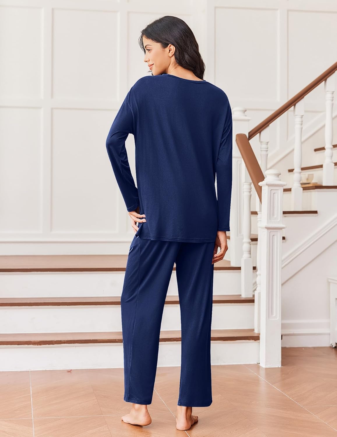 Lounge pajama set back view in navy blue: long-sleeve top and wide-leg pants