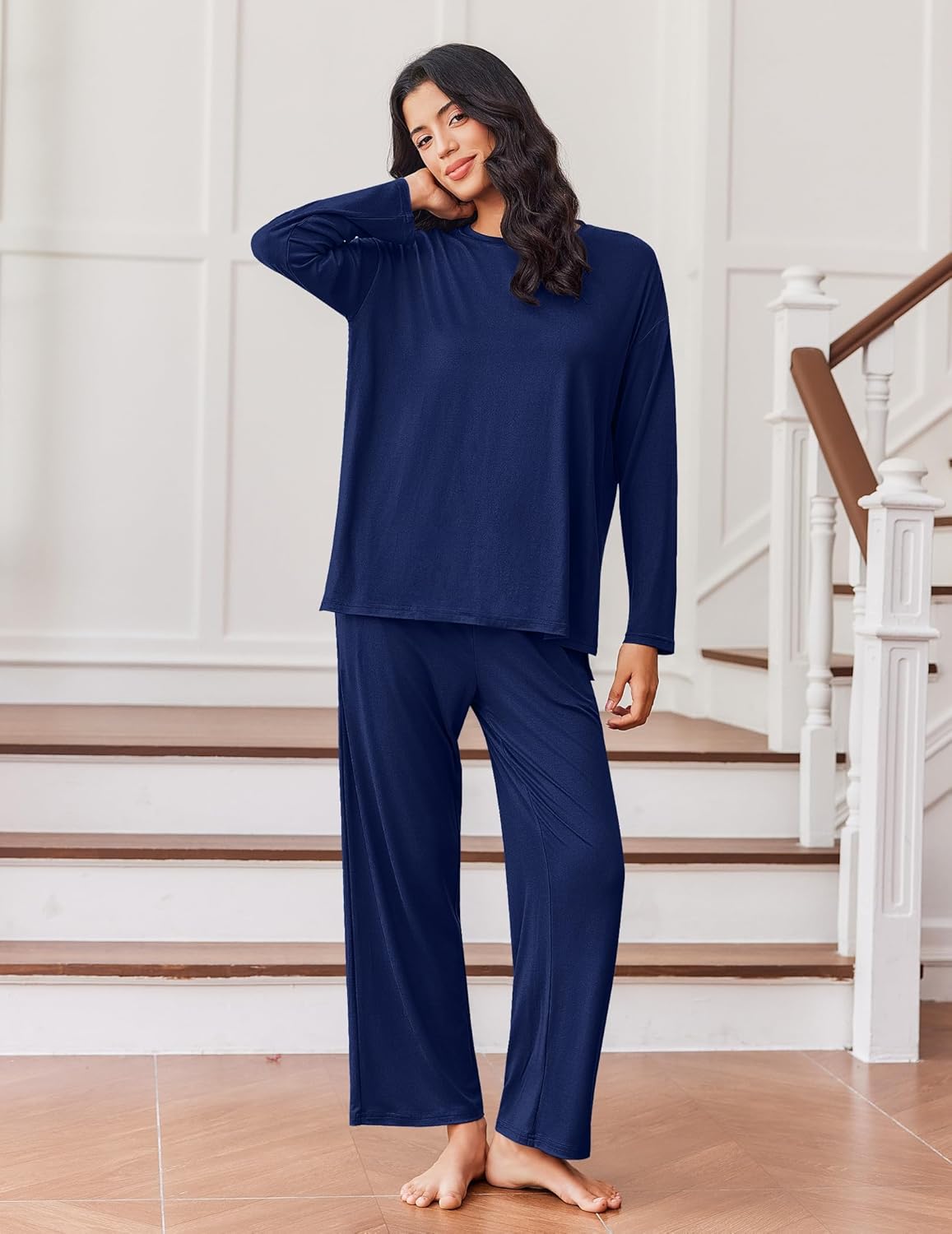 Lounge pajama set with long-sleeve top and wide-leg pants in navy blue