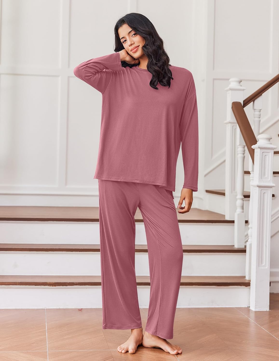 Lounge set with long-sleeve top and matching pants, dusty rose color
