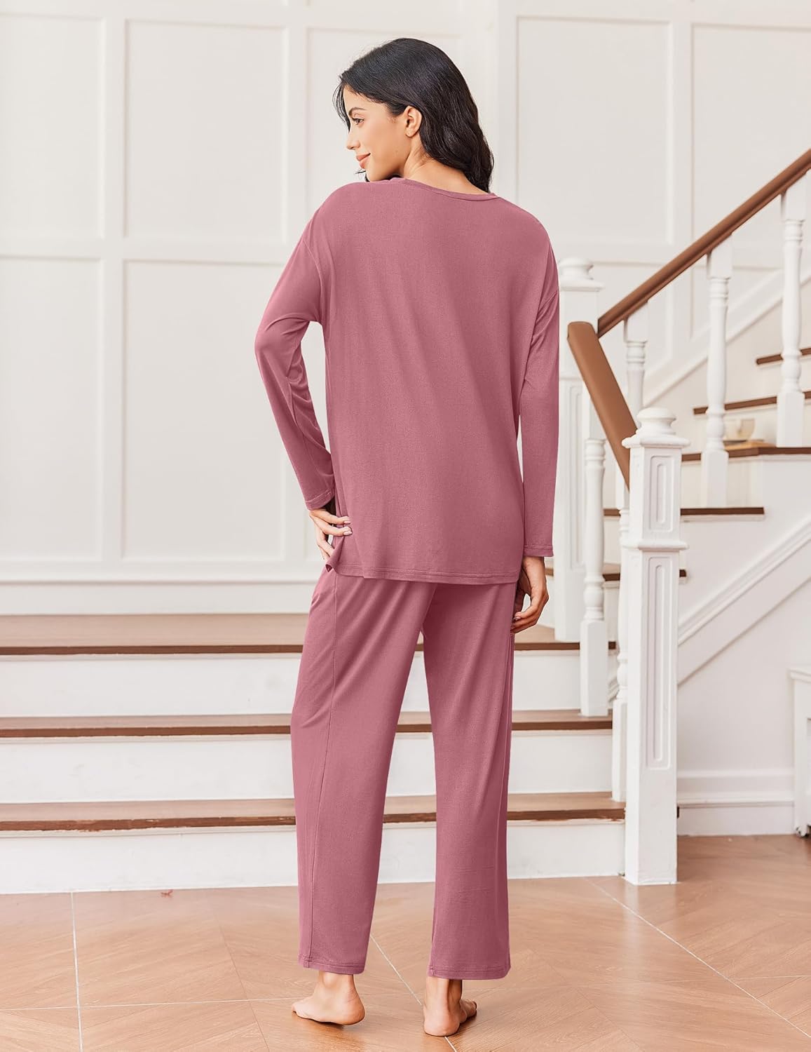 Back view of lounge set: long-sleeve top with matching pants, dusty rose